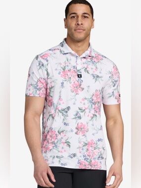 Bad Birdie Mens Golf Polo Shirt Large White Pink Floral Short Sleeve Performance
